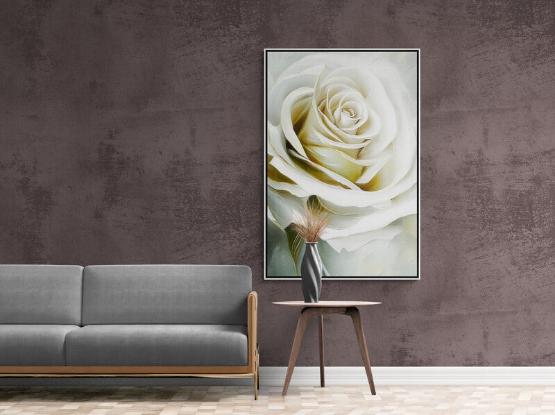 Rose flower wall art, large white rose canvas print, framed floral art print, gentle above bed wall art for bedroom, gift for her