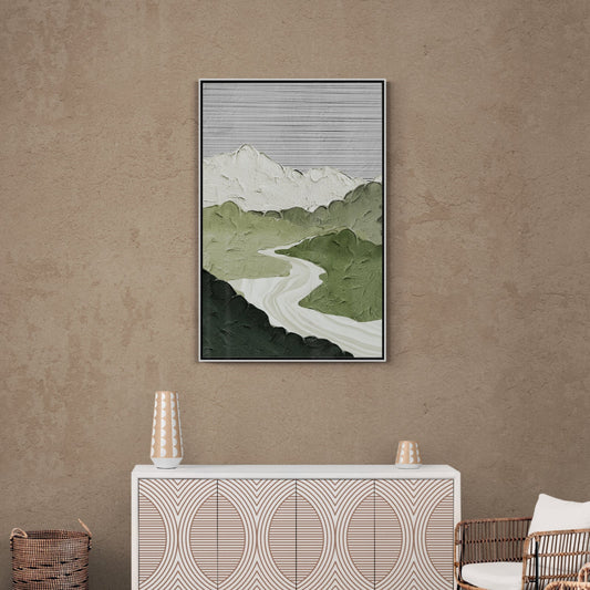 Abstract wall art, mountains art print, framed green white canvas print, abstract landscape artwork, housevarming gift