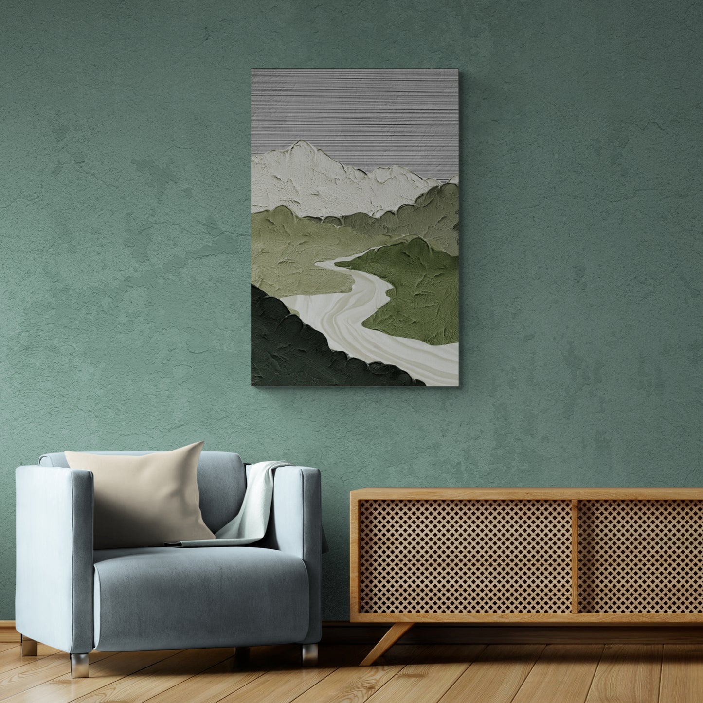 Abstract wall art, mountains art print, framed green white canvas print, abstract landscape artwork, housevarming gift