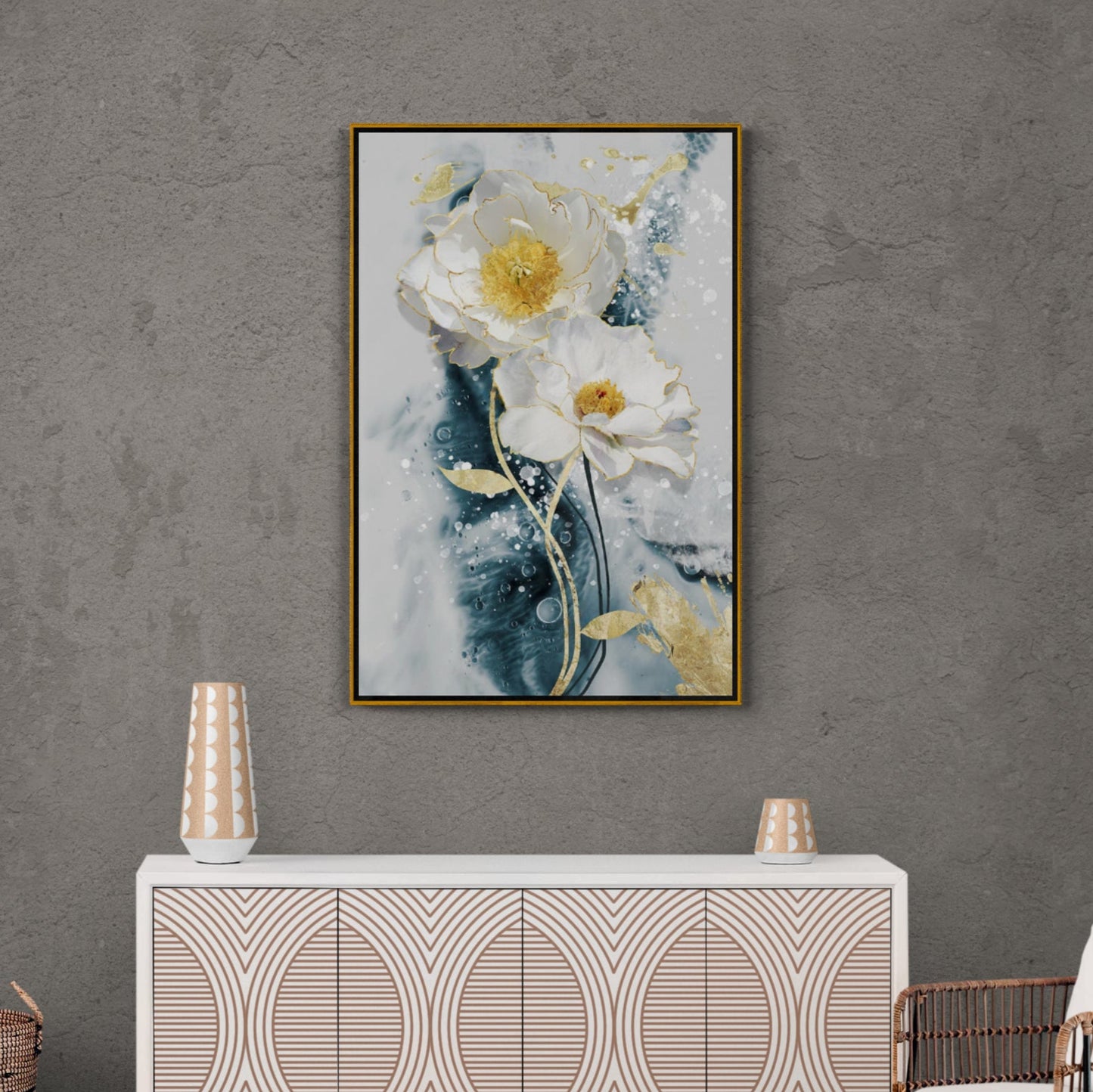 Floral wall art, gentle flowers artwork, white flowers canvas print, framed botanical artwork, white blue and gold floral wall art, godmother gift, bedroom wall art