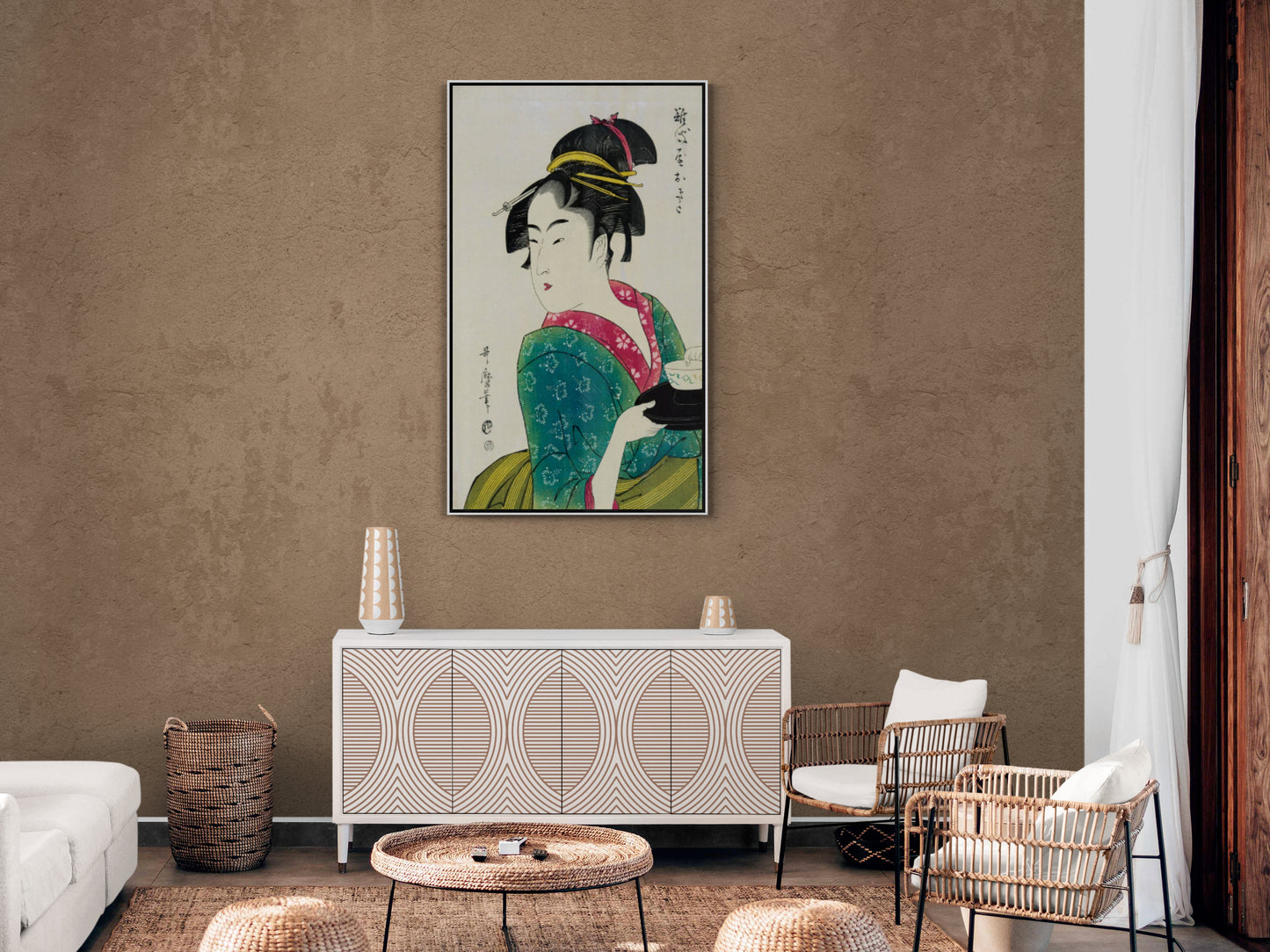 Chinoiserie wall art, Chinese woman wall art, framed canvas print in oriental style, Geisha wall art printable artwork with hieroglifos, gift wall art