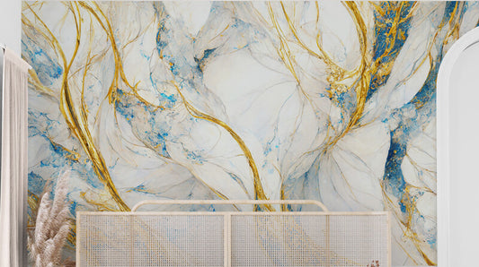 Extra large abstract wallpaper for living room, bedroom, ofice, blue, gold and white wall mural, removable wallpaper