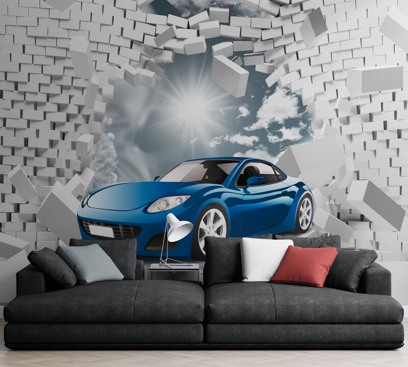 3D effect wallpaper, wallpaper with blue car, wallpaper with bricks, wall mural for nursery, children`s wallpaper, peel and stick wallpaper