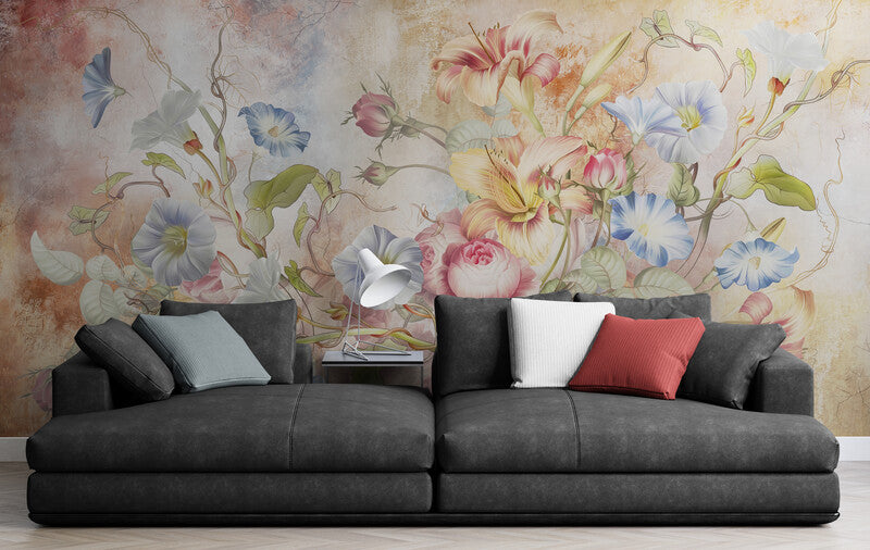 Extra large floral wallpaper, peel and stick wall mural with colorful flowers, accentual wallpaper for living room or bedroom