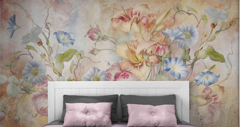 Extra large floral wallpaper, peel and stick wall mural with colorful flowers, accentual wallpaper for living room or bedroom