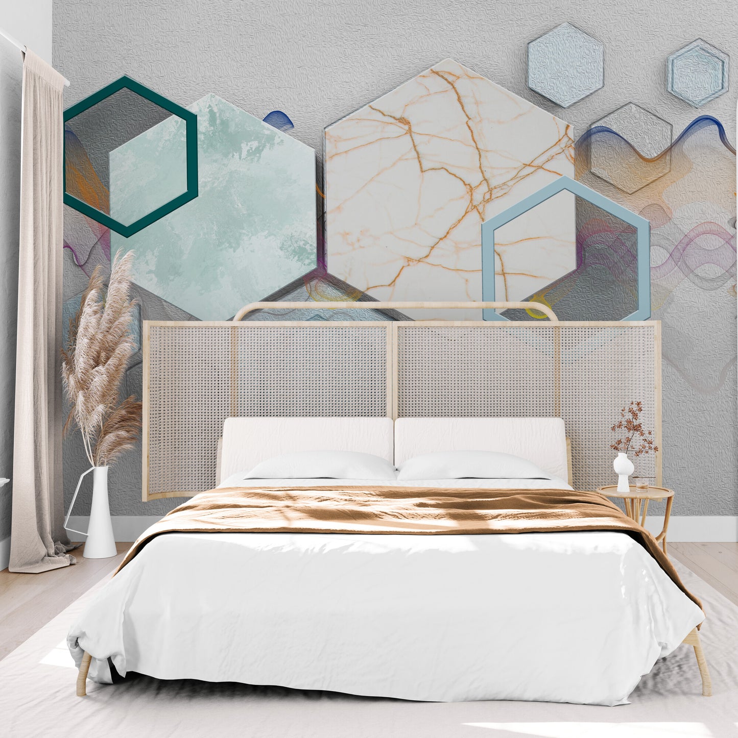 3d wallpaper, large geometrical wall mural, wallpaper with hexagons, peel and stick wallpaper, accentual wall mural for living room