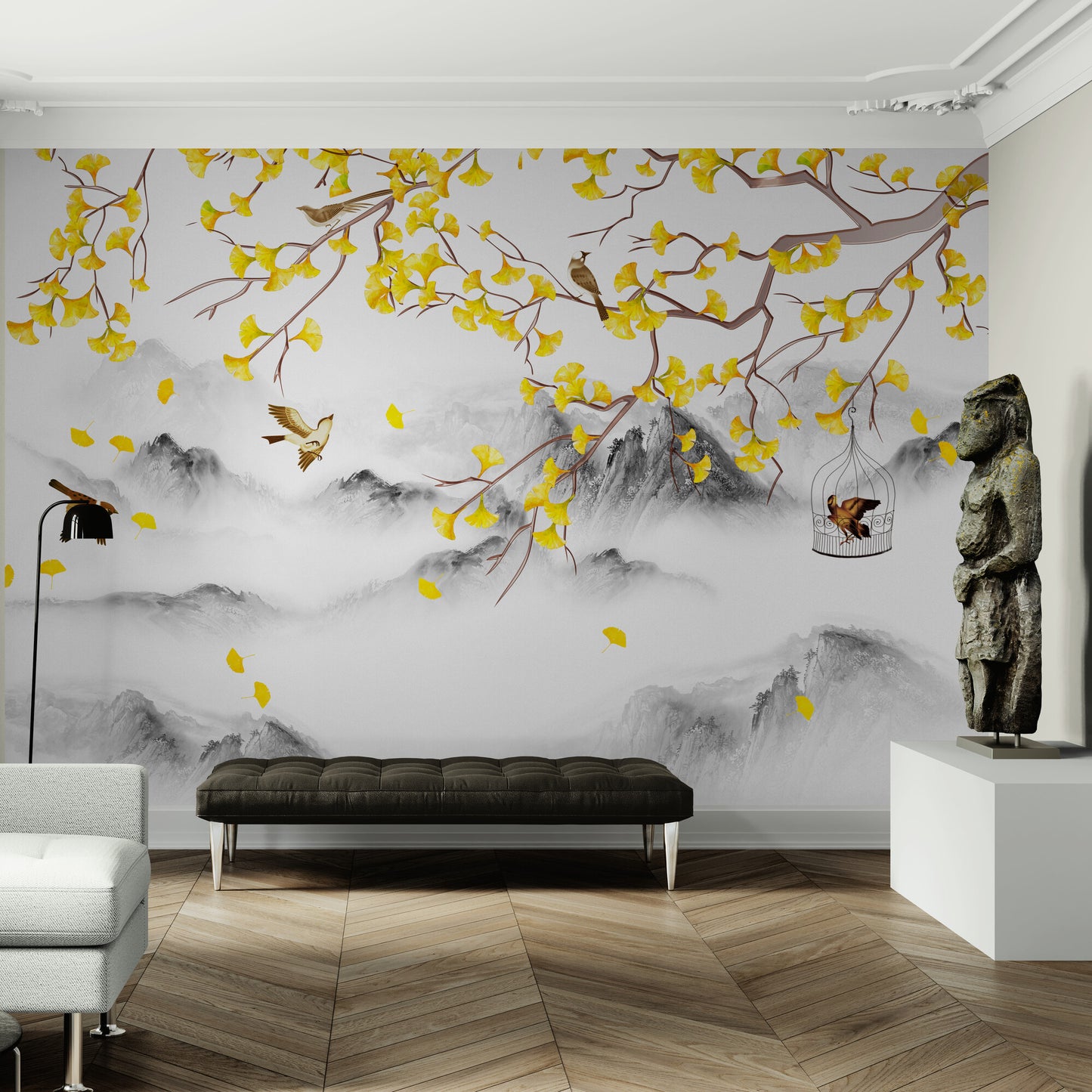 Extra large botanical wallpaper, peel and stick wall mural with oriental motifs, accentual wallpaper with trees and birds