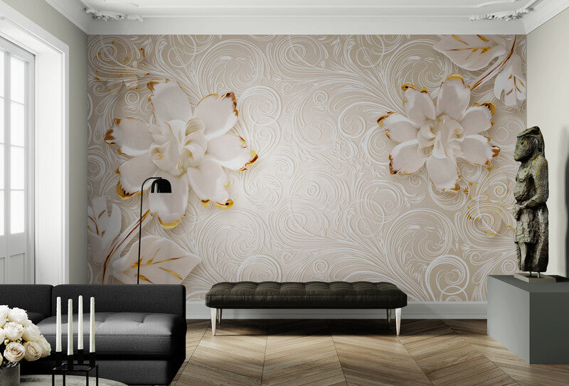 Extra large floral wallpaper, white and gold wall mural, luxury wallpaper with flowers, self adhesive wall mural for bedroom