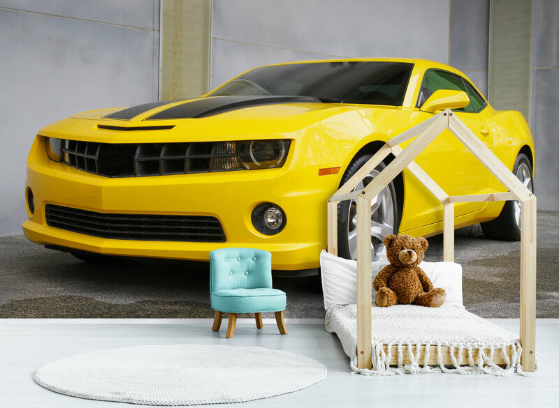 Extra large wallpaper with yellow car, peel and stick wallpaper for boy room, nursery wallcovering, temporary wallpaper