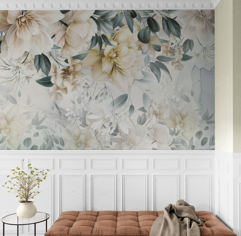 Large floral wallpaper, peel and stick botanical wall mural, temporary wallpaper with flowers, peel and stick wallpaper, canvas wallpaper