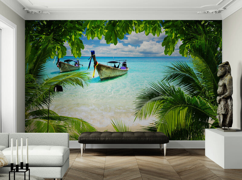 Tropical wallpaper, extra large seascape wall mural, self adhesive wallpaper with palm trees, green peel and stick wallpaper, accentual botanical wall mural