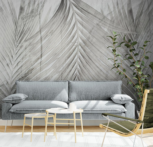 Extra large banana leaves wallpaper, wall mural with frathers, accentual botanical wall mural, black and white wallpaper for bedroom