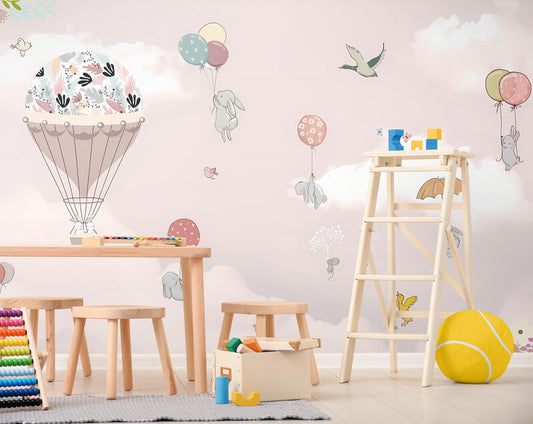 Extra große Kinderzimmertapete, selbstklebendes Wandbild für Mädchenzimmer, Ballontapete zum Abziehen und Aufkleben, akzentuierende rosa Tapete fürs Kinderzimmer