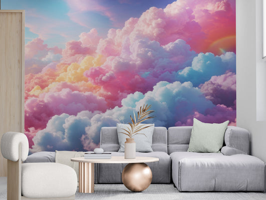 Extra large clouds wallpaper, self adhesive celestial wall mural, colorful abstract peel and stick wallpaper mural, wallpaper with colorful sky image, removable wallpaper