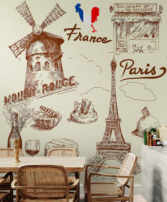 Kitchen wallpaper, peel and stick wall mural with Paris motifs, self adhesive wallpaper with France food image, accent wall mural for dining room, removable wallpaper mural