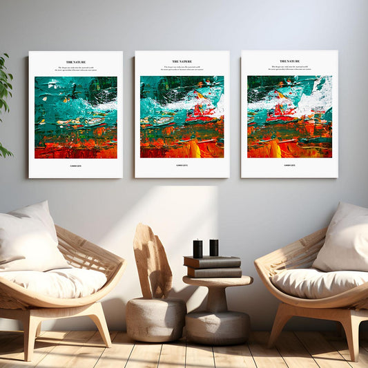 Three piece artworks in floater frame, abstract colorful wall art, multi colored wall hanging decor, sef of 3 framed abstract canvas prints