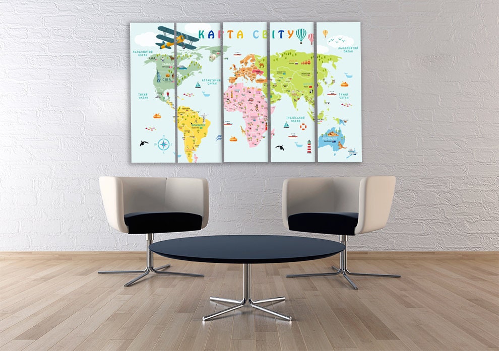 Boy nursery wall artChildren's world map wall art paintings on canvas, home wall decor, canvas painting, world map canvas, set of 3 nursery