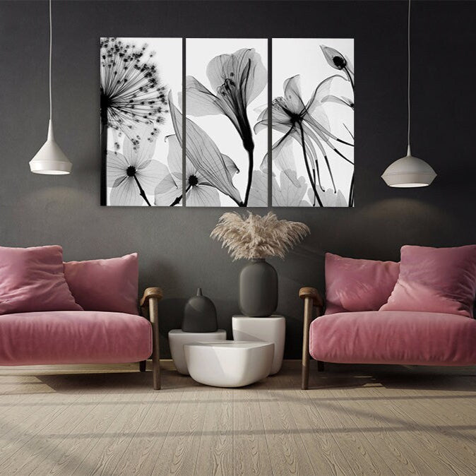 Flowers wall art paintings on canvas, home wall decor, canvas painting, black and white art, botanical paintings, extra large wall art