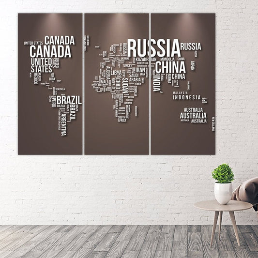 World map wall art paintings on canvas, home wall decor, multi panel wall art, world map wall decal, world map canvas