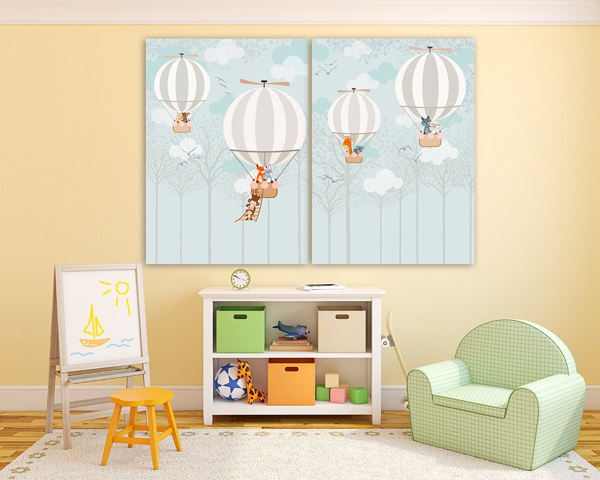 Baby nursery wall art Playroom Kids wall decor boy balloon nursery picture hot air balloon art animals print Multi panel canvas painting