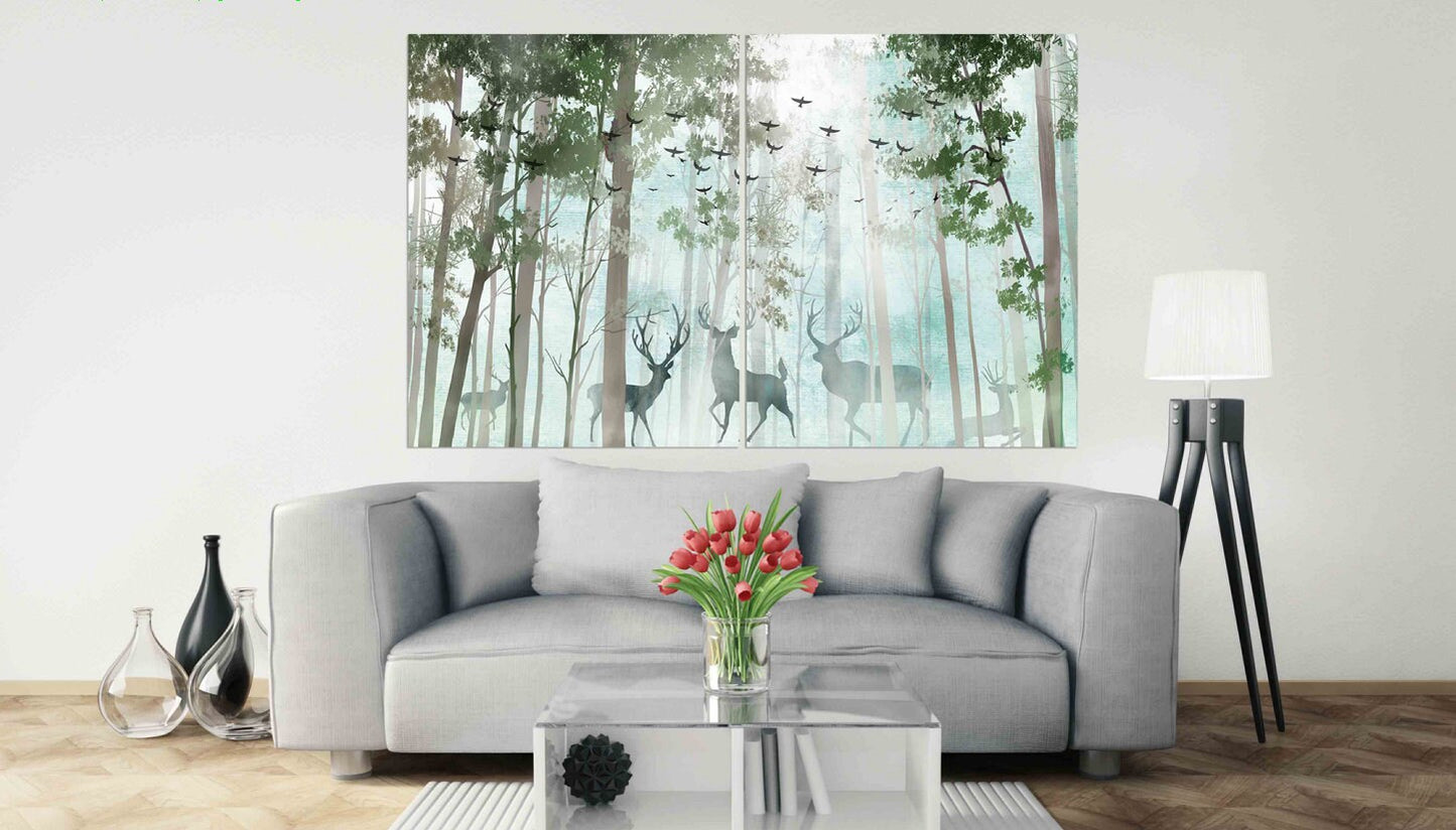 Forest wall art paintings on canvas, home wall decor canvas painting housewarming and wedding gift farmhouse wall decor multi panel wall art