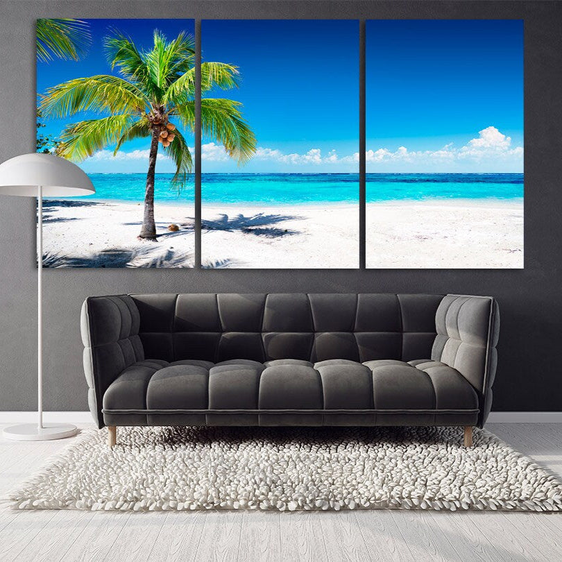 Palm tree wall art framed Beach wall decor travel prints large Nature wall art sea contemporary art Multi panel Seascape painting