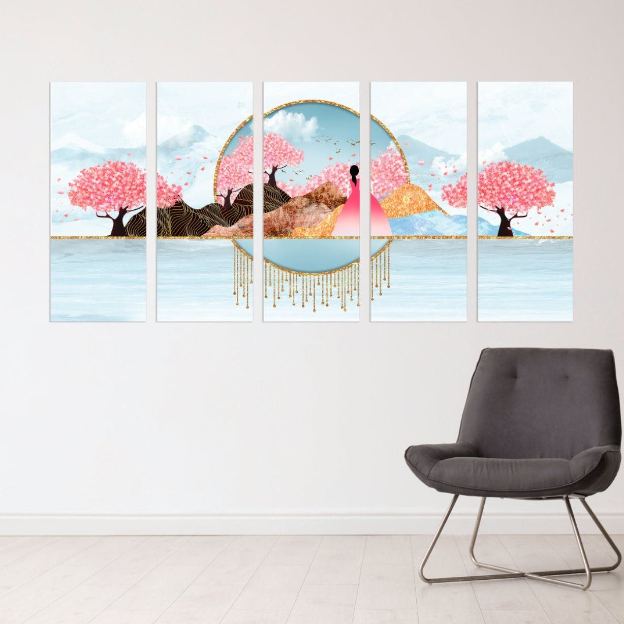 Sakura blossoms Japanese wall art Canvas painting Home wall decor 3 piece frame canvas Rocks and mountains Asian wall art