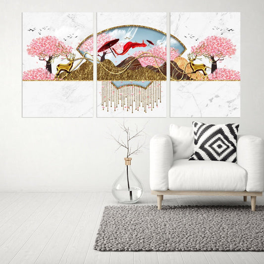 Sakura blossoms Japanese wall art Canvas painting Home wall decor 3 piece frame canvas Rocks and mountains Asian wall art Golden deer