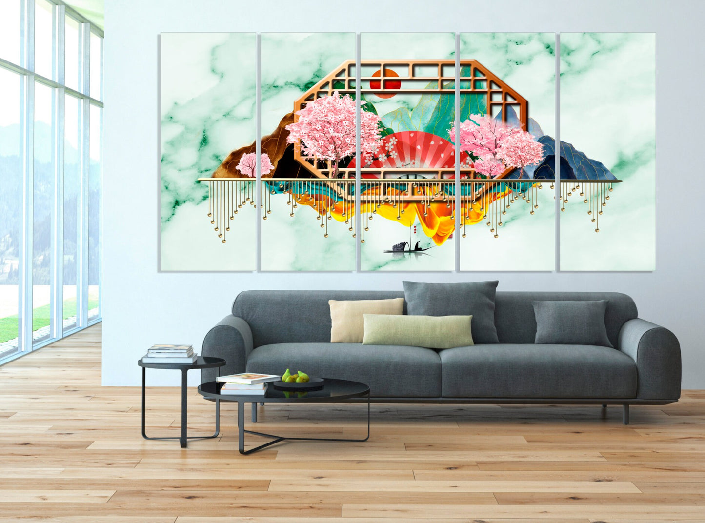 Home wall decor Green marble Japanese wall art Canvas painting 3 piece frame canvas Rocks and mountains Asian wall art Sakura blossoms