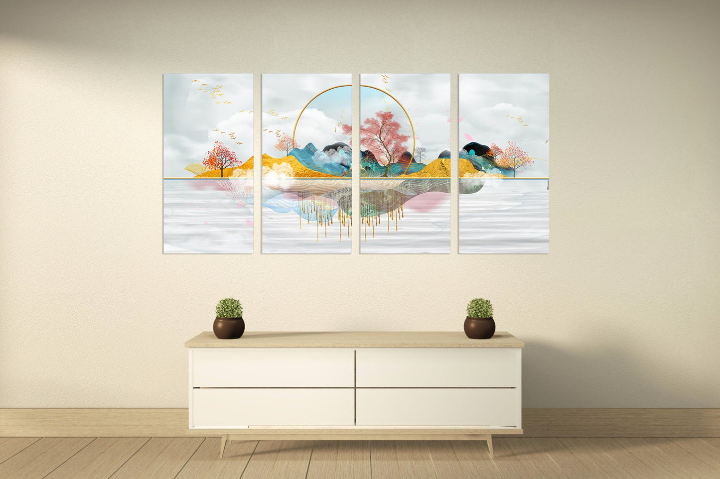 Sakura blossoms Japanese wall art Canvas painting Home wall decor 3 piece frame canvas Rocks and mountains Asian wall art