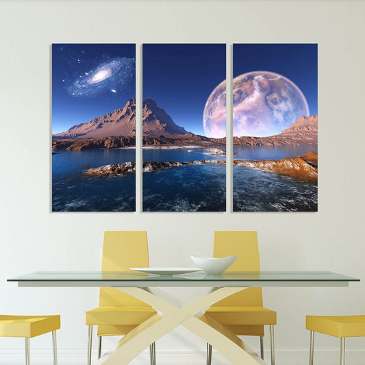 Home wall decor 3 piece frame canvas Outer space decor Space age Space poster Space travel poster Canvas painting Space mountain