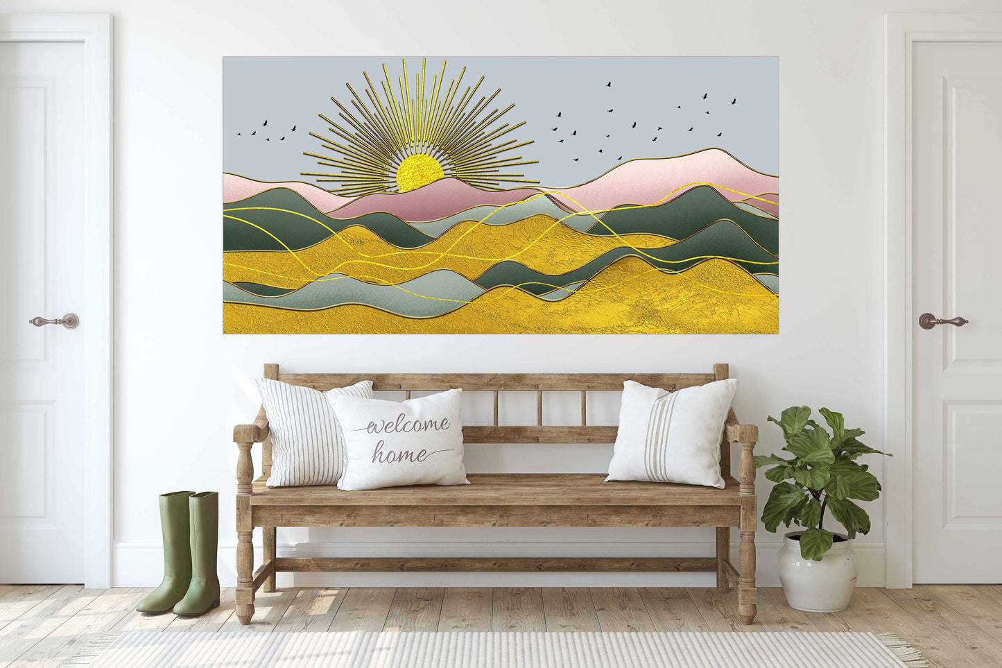 Indie room decor Golden sun Rocks and mountains 3 panel canvas Home wall decor Outdoors mountains wall art Canvas painting