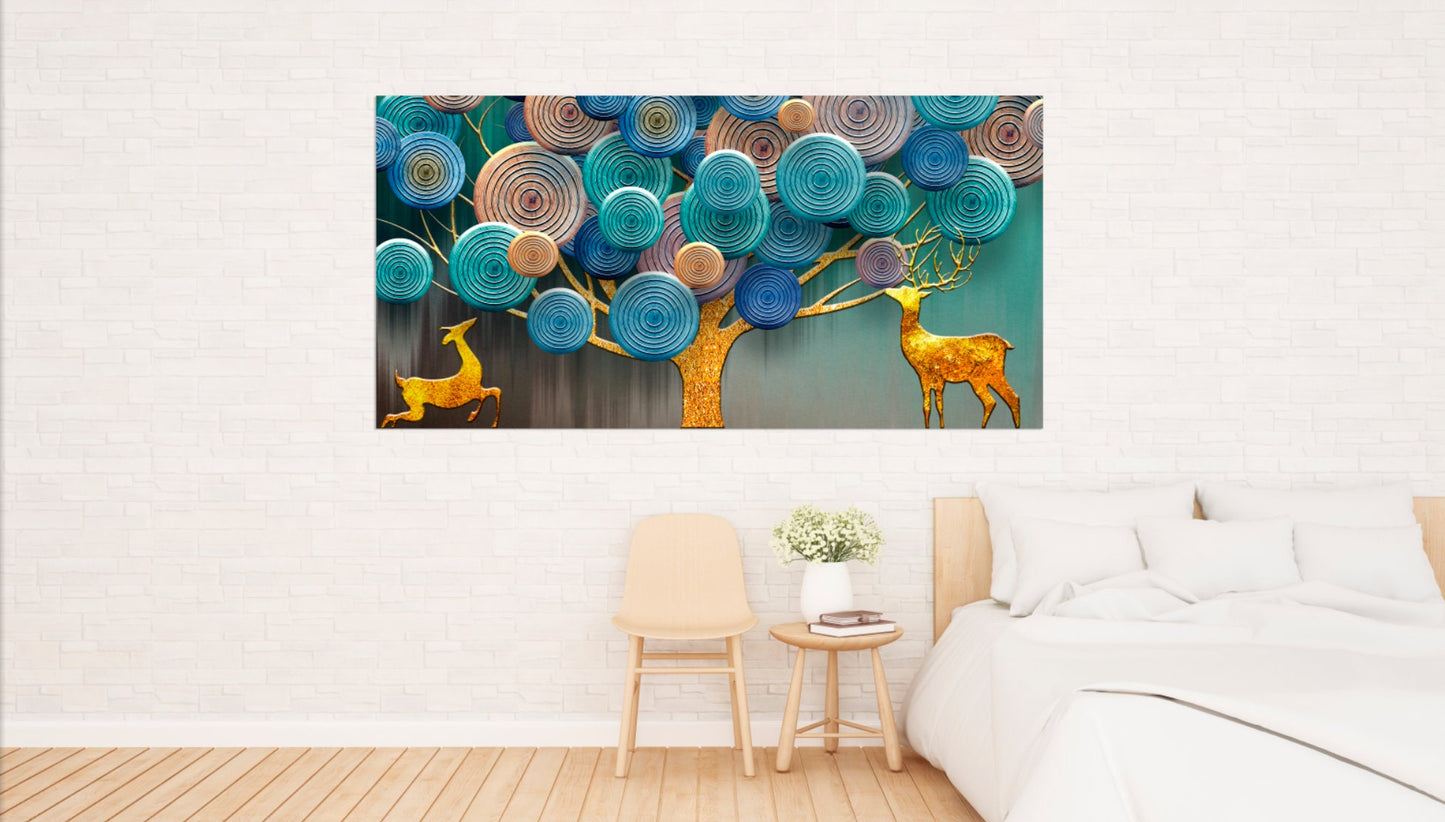 Golden Deer printable Home wall decor Canvas painting 3 panel canvas Forest fairy lights  Forest animals figurines Picture ornament