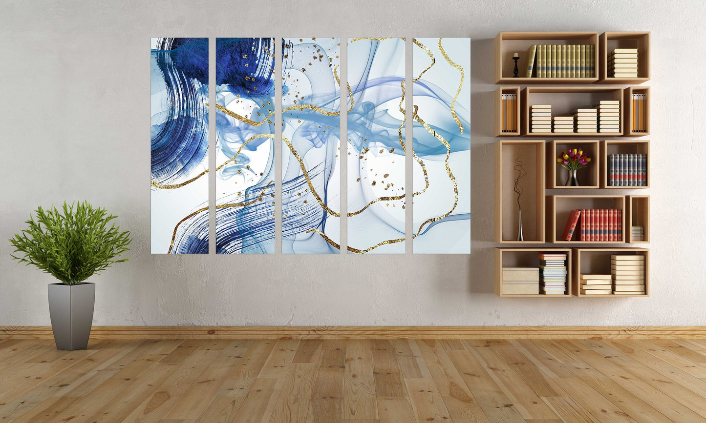 Large abstract painting blue and gold Modern abstract art Multi panel canvas Wall art Canvas painting Abstract wall art Home wall decor