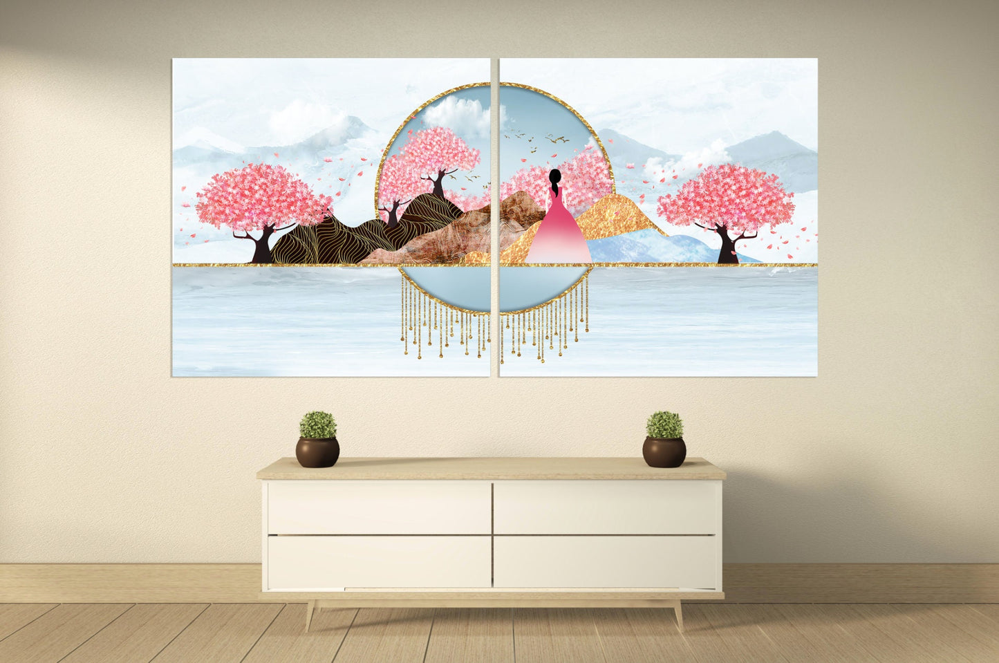 Sakura blossoms Japanese wall art Canvas painting Home wall decor 3 piece frame canvas Rocks and mountains Asian wall art