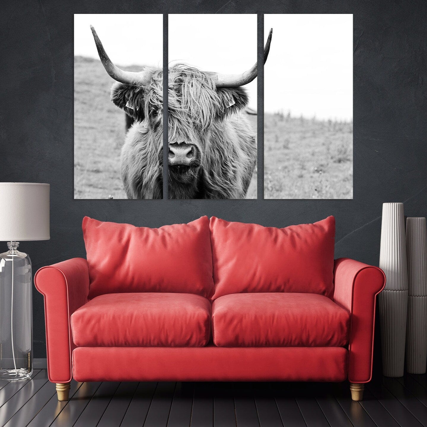 Cattle wall art Rustic canvas print highland cow print scottish cow art farmhouse wall decor animals canvas painting black and white art