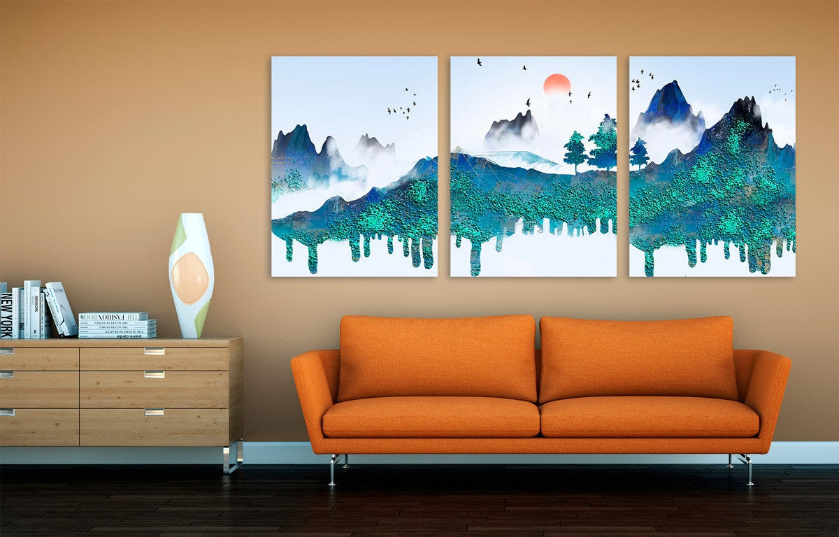 Blue ridge mountains wall art  Calm horizontal art canvas painting Home wall decor Rocks and mountains 3 piece Great smoky mountains posters