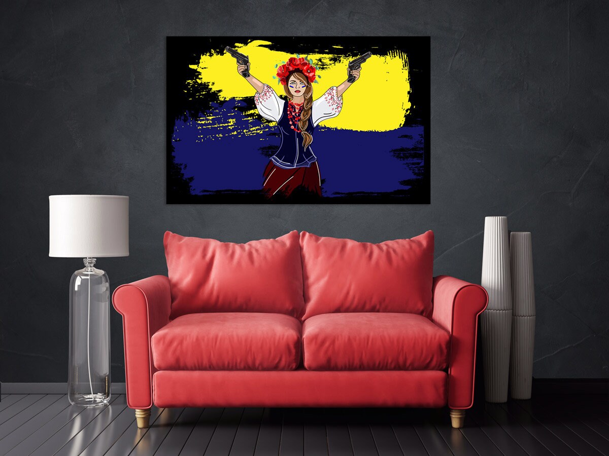 Ukrainian painting canvas Ukrainian girl print Blue and yellow gallery wall art Patriotic decor gift, Ukrainian sellers, Buy ukrainian art