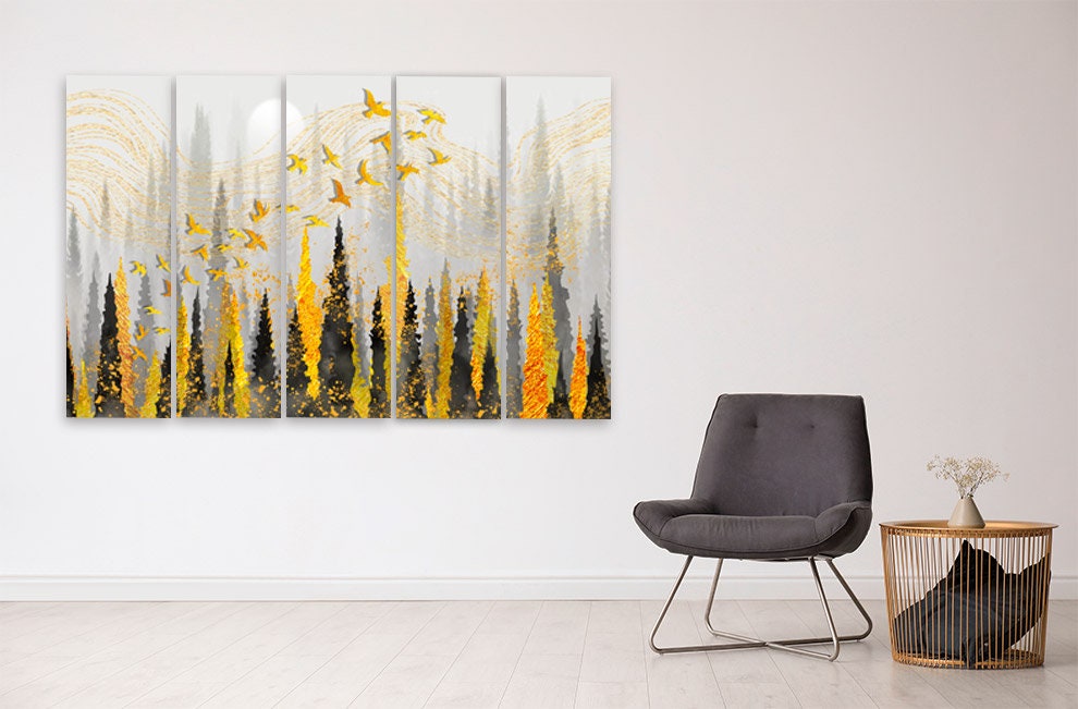 Black and gold forest wall art, Nature canvas painting, housewarming and wedding gift, farmhouse wall decor, multi panel wall art