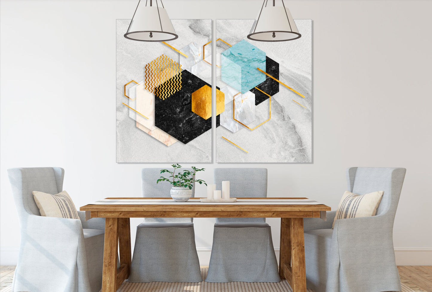 Blue gold wall art, marble minimalism abstract wall art, geometric art print, trend wall decor, extra large canvas painting