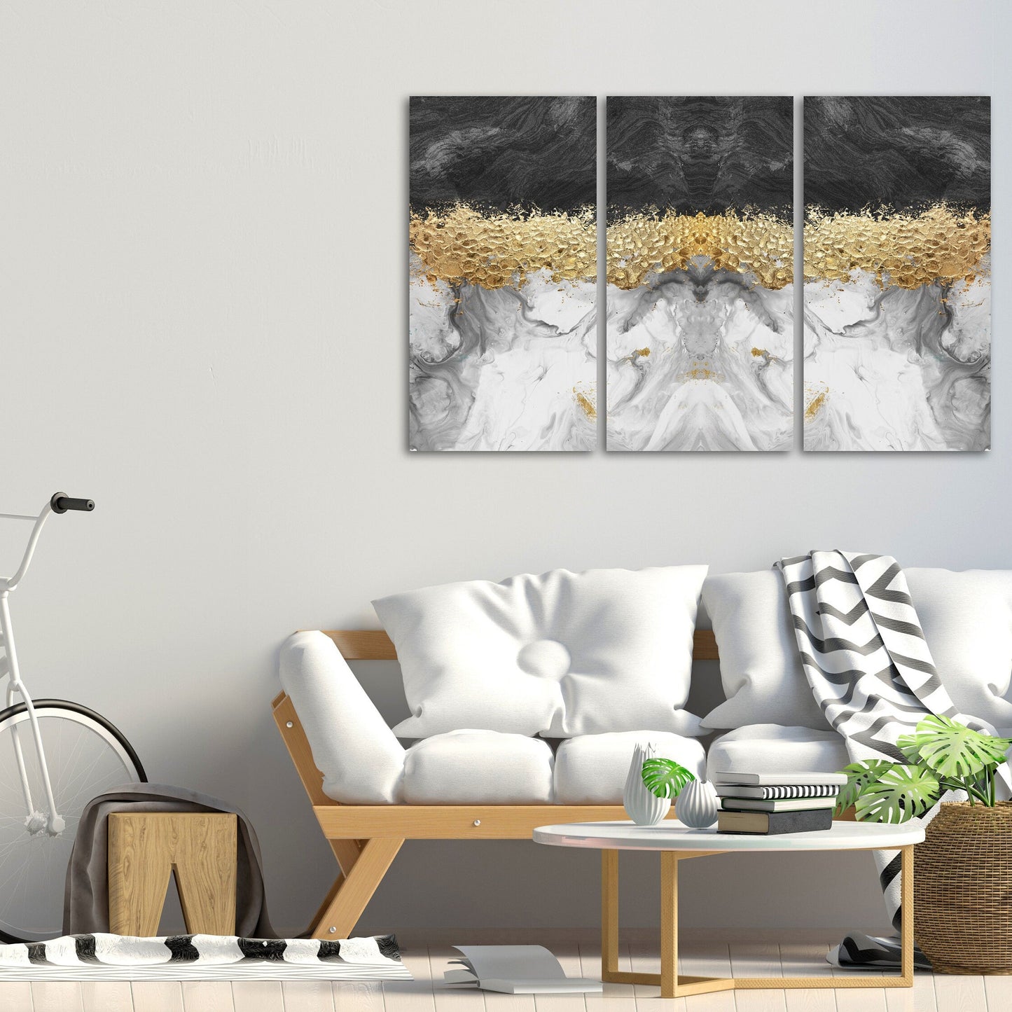 Black white and gold abstract oversized wall art, modern extra large canvas painting