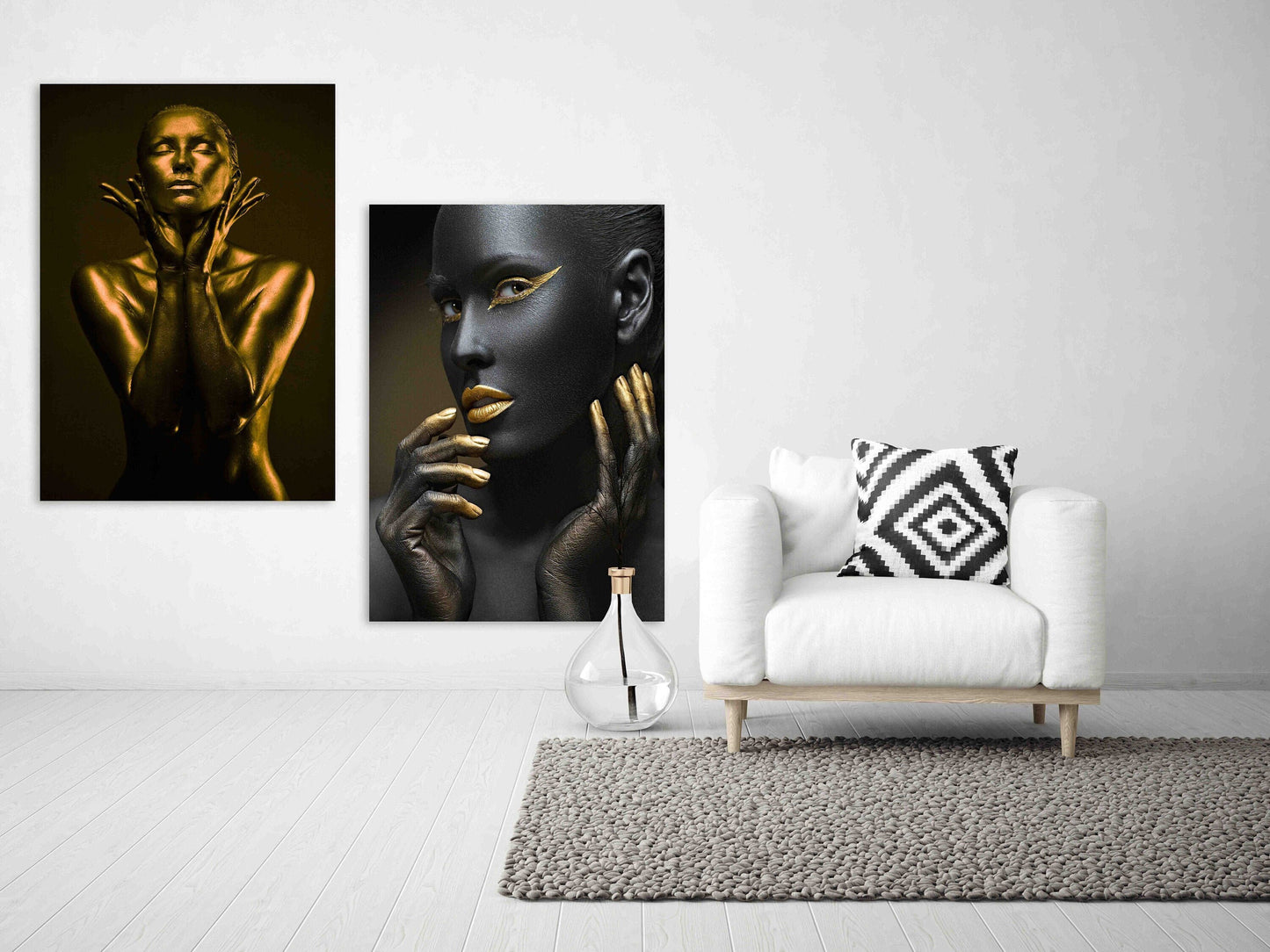 Modern framed canvas wall art paintings, home wall fashion decor in gold and black, two panel  print wall art with woman in floating frame