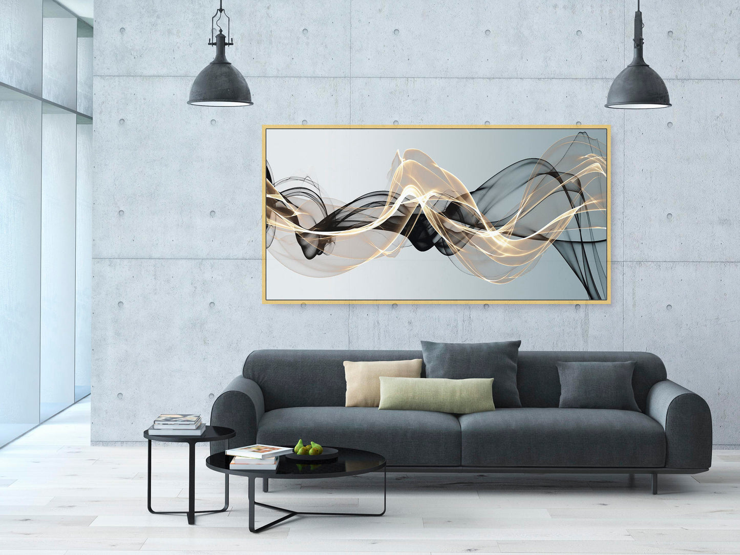 Abstract wave printable wall art, trendy black and gold framed horizontal painting, extra large floating frame wall artwork with gold wave