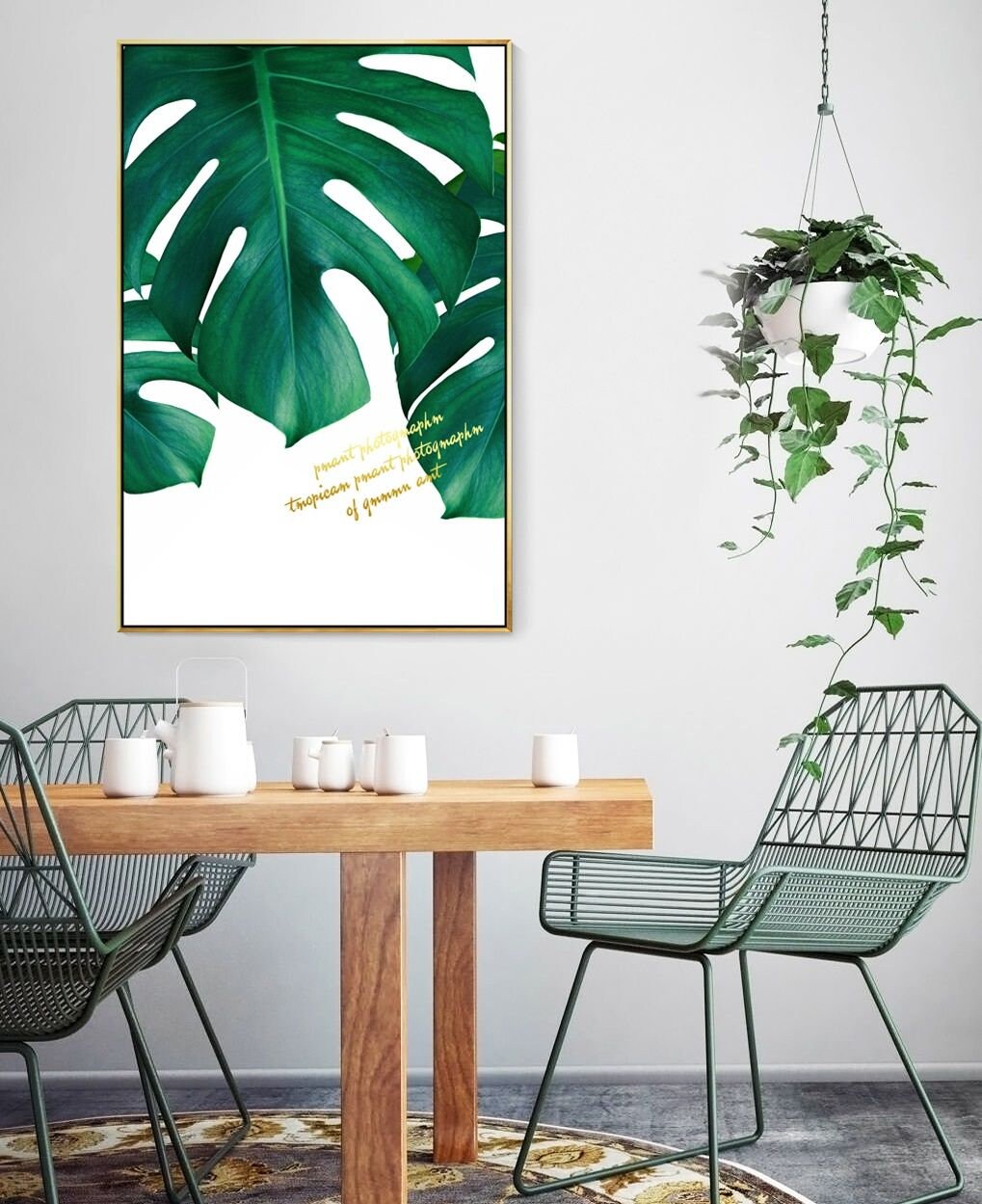 Three piece plant wall prints in floating frame, modern minimalist framed botanical artwork, original green printable set of 3 canvas arts