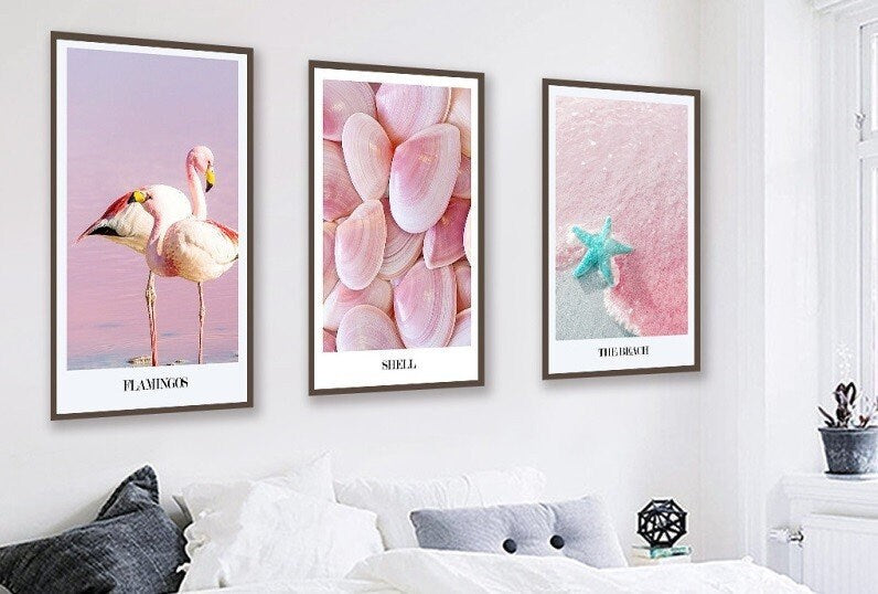 Set of three framed nature canvas prints, pink nautical artwork in floating frame, modern seascape wall art, shells and flamingo prints