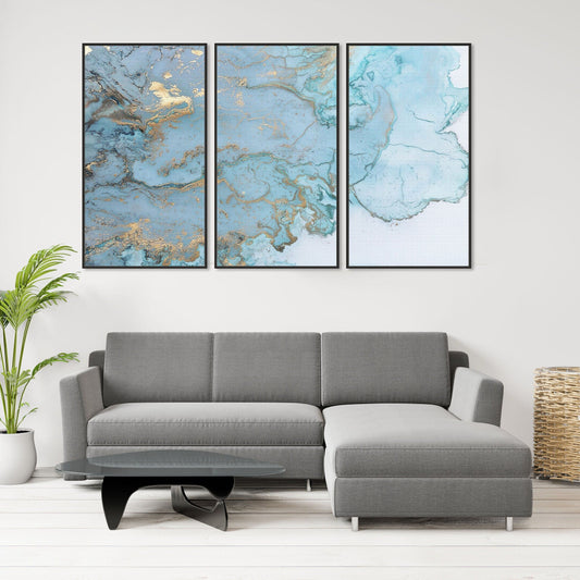 Modern framed blue abstract canvas wall art, set of 3 extra large prints in black floating frame, trendy multi panel paintings on canvas