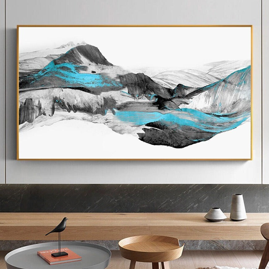 Large framed abstract canvas print, black white printable artwork in floating frame, modern abstract mountains wall art for living room