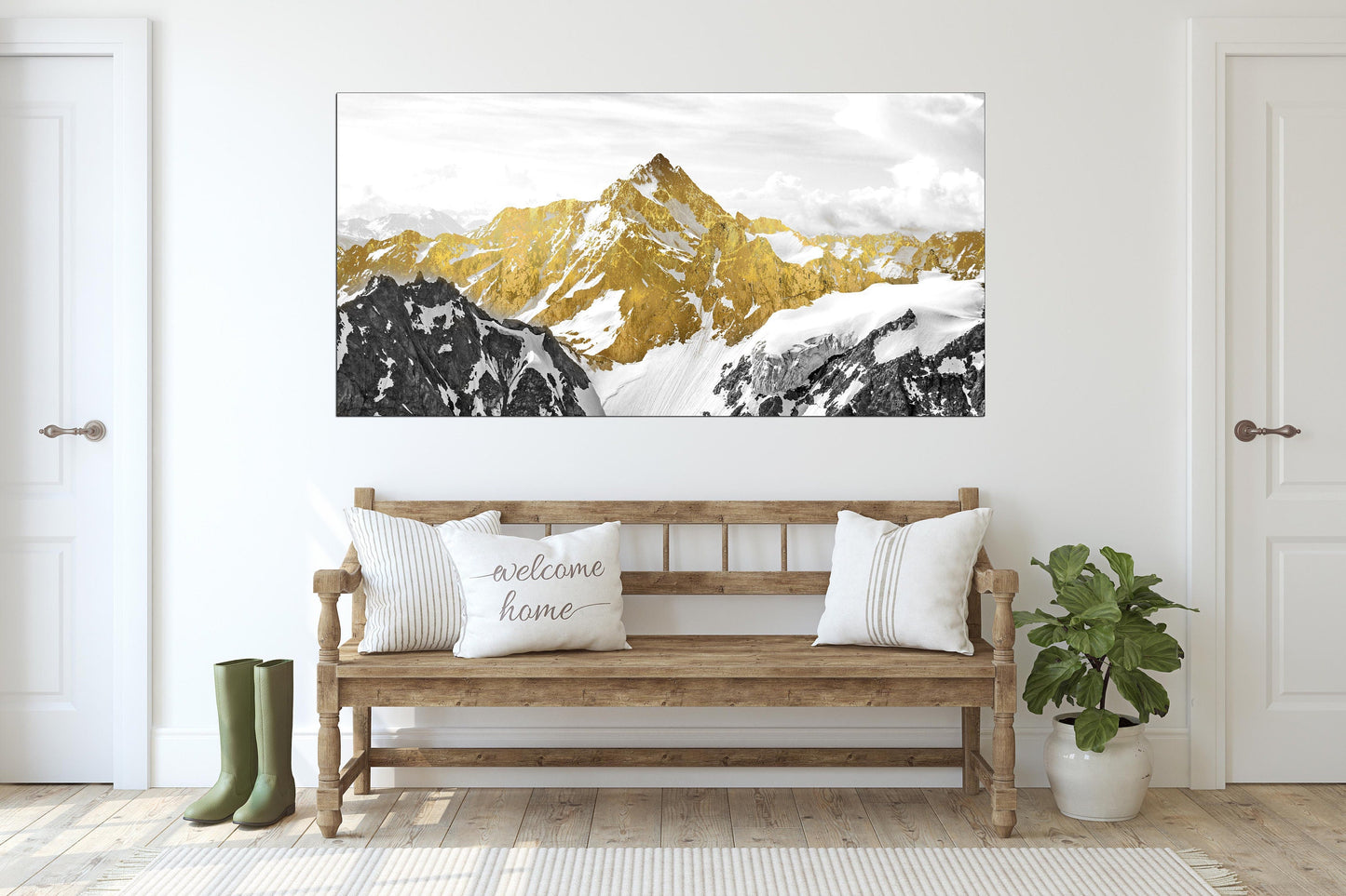 Golden mountain canvas wall art, gold floater frame printable artwork, large nature canvas print, landscape wall art, housewarming gift