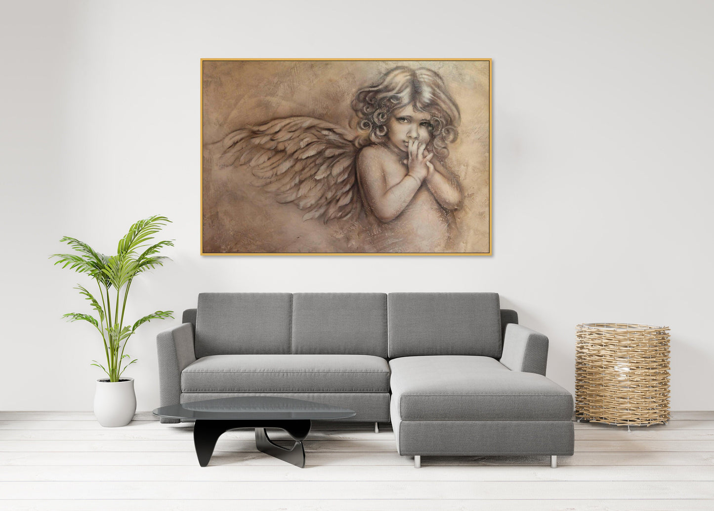 Large angel canvas wall art, religious framed painting on canvas, printable multi panel angel artwork in floater frame, hanging wall decor