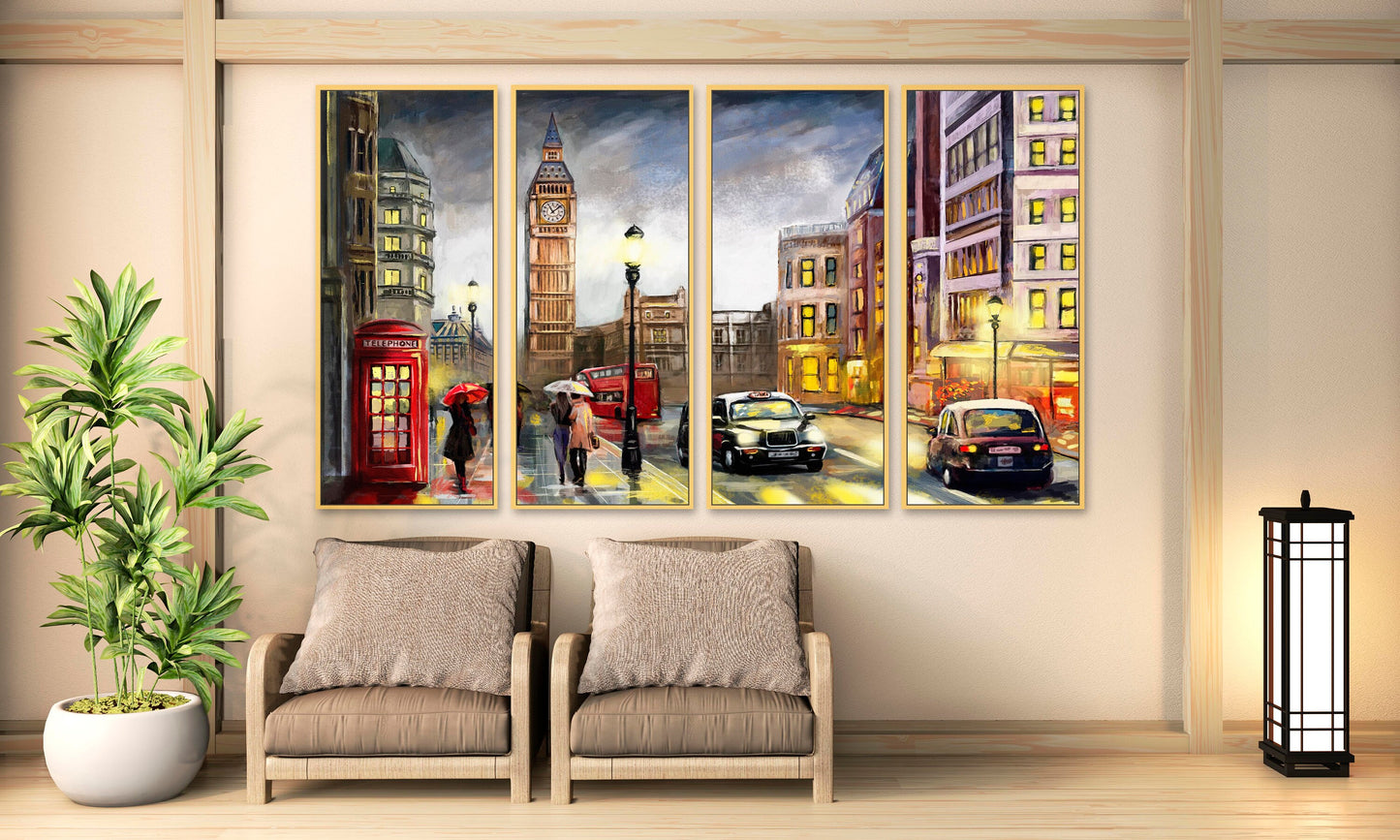 London framed wall art, Big Ban floater frame print on canvas, large cityscape printable wall hangin decor, golden frame city canvas print